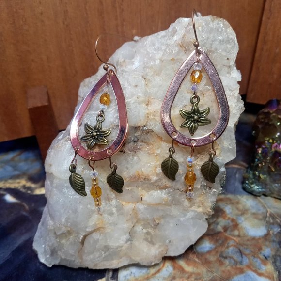 Copper Flower Boho Style Dangle Chandelier Earrings - Picture 2 of 4